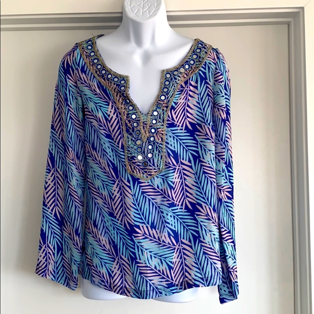 Pia Pauro SILK coverup long sleeve tunic blue pink